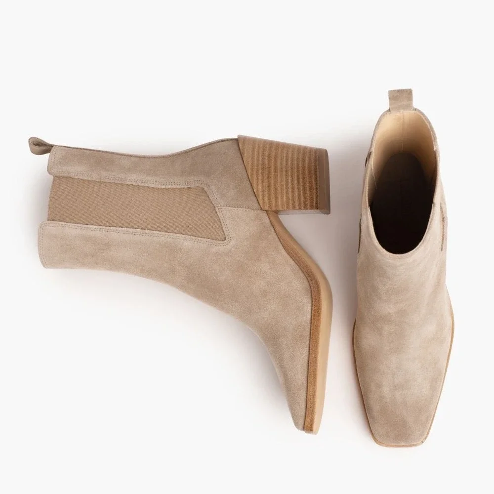 Thursday Boot Soho Taupe Suede Square Toe Chelsea Boots Sand 8 Stacked Heel